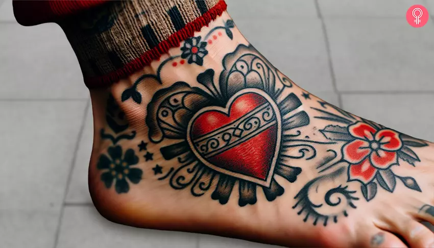 A heart tattoo inked on the feet