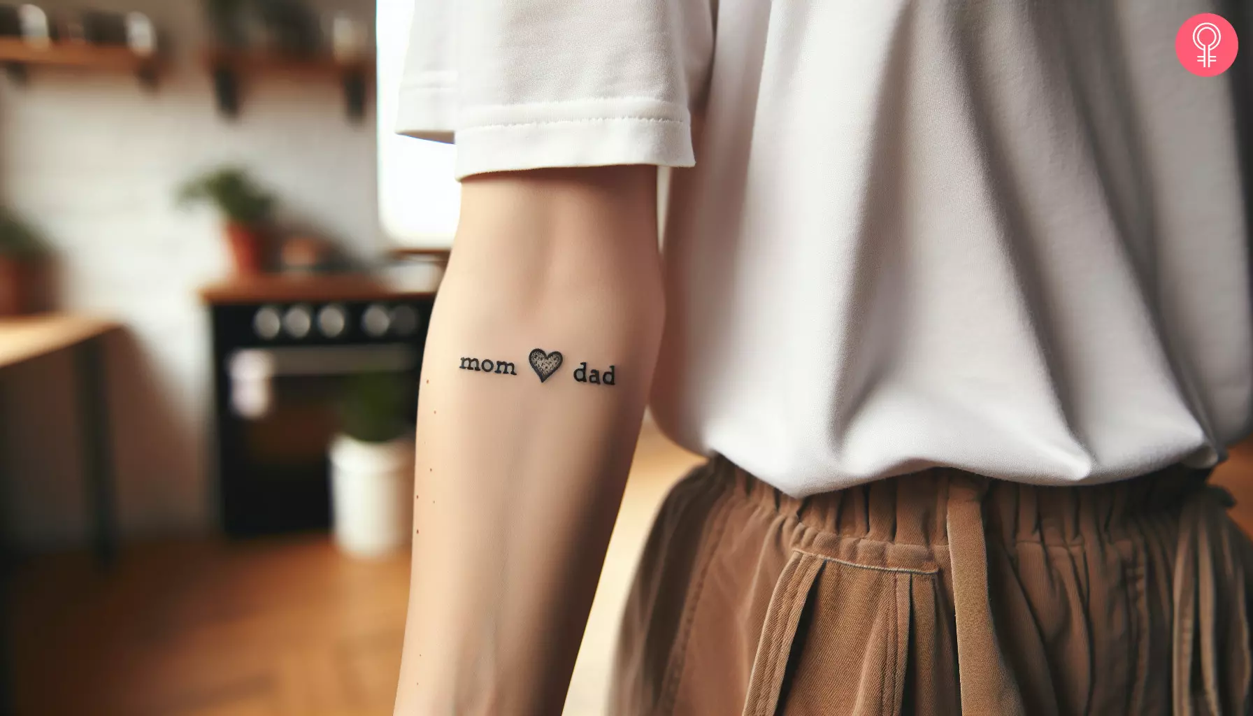 A heart tattoo with Mom and Dad written on the forearm