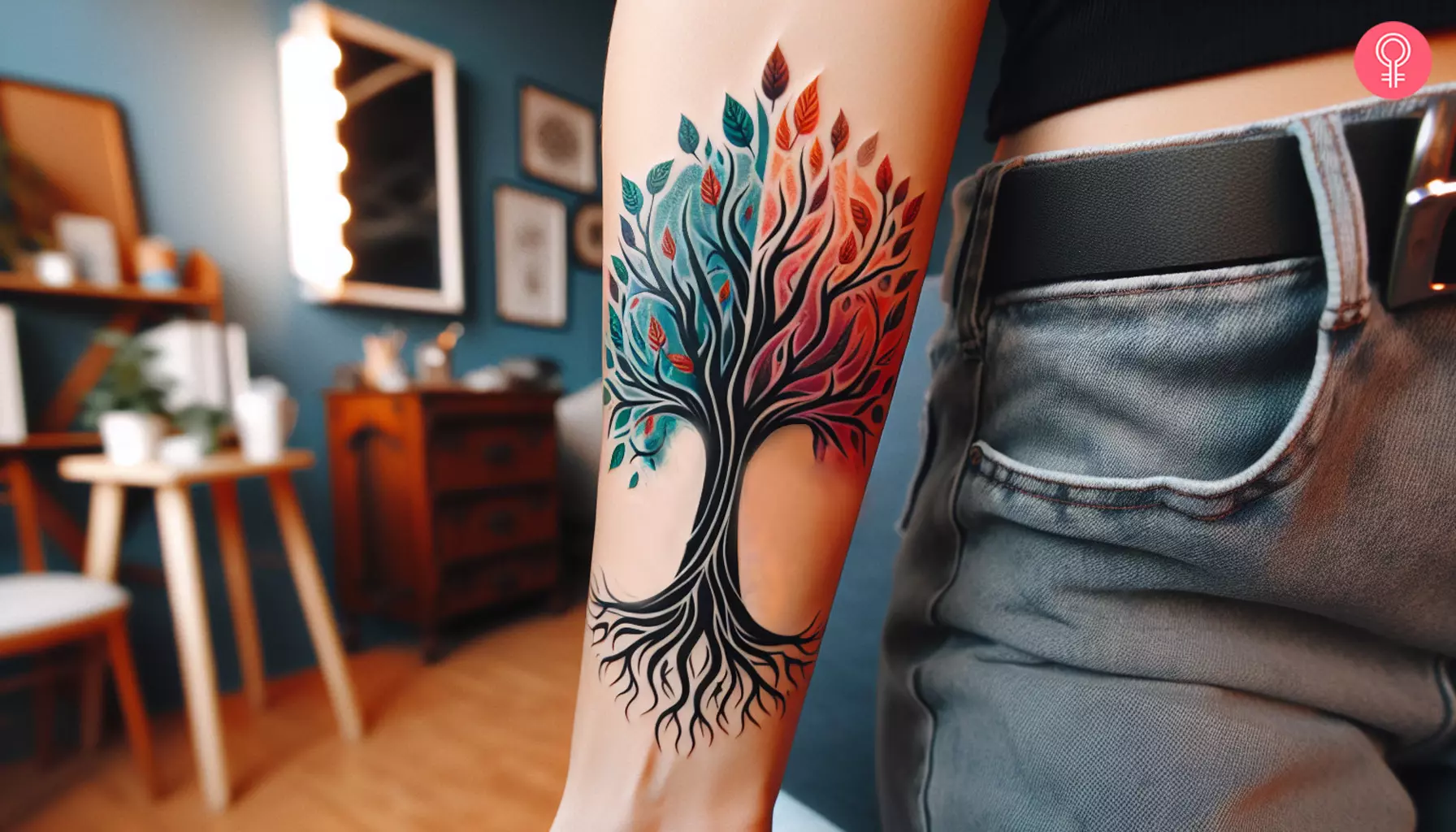 A life and death tree tattoo on the forearm