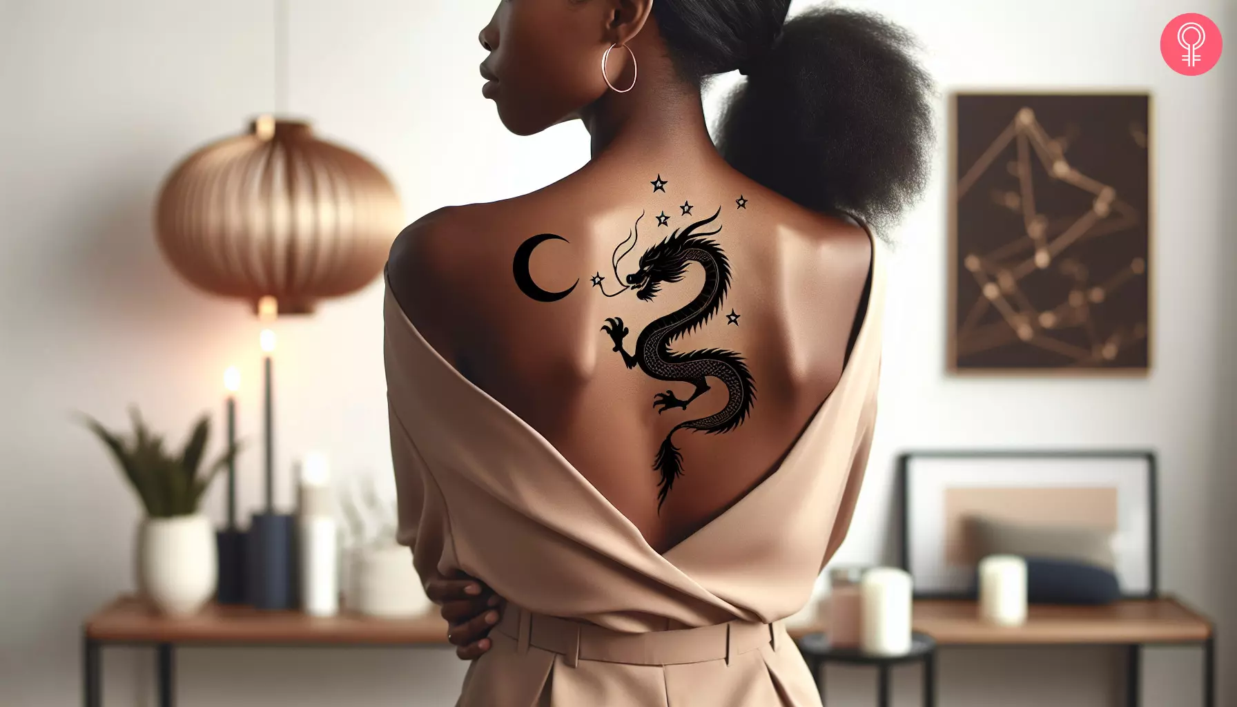 A magic dragon with stars and moon tattooed on the back of a woman