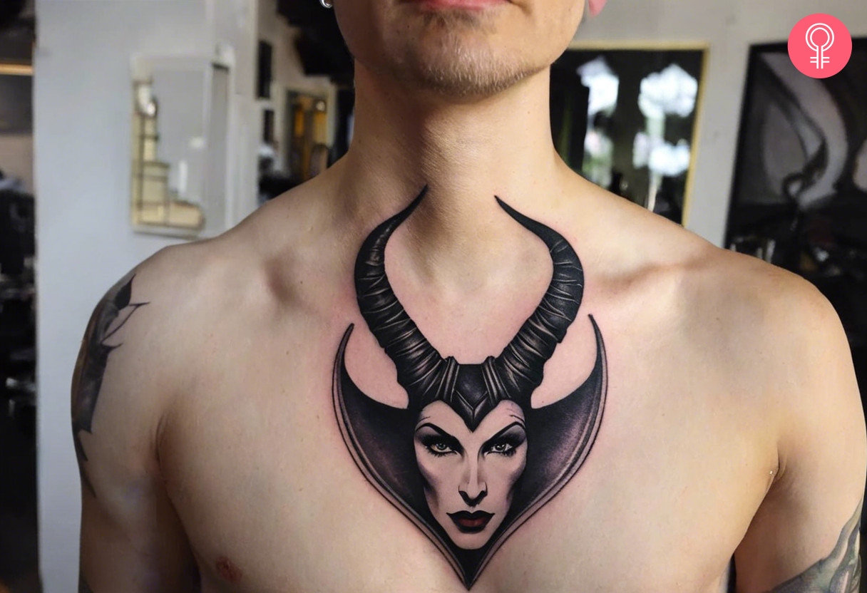 A man wearing a Maleficent horn tattoo on the chest