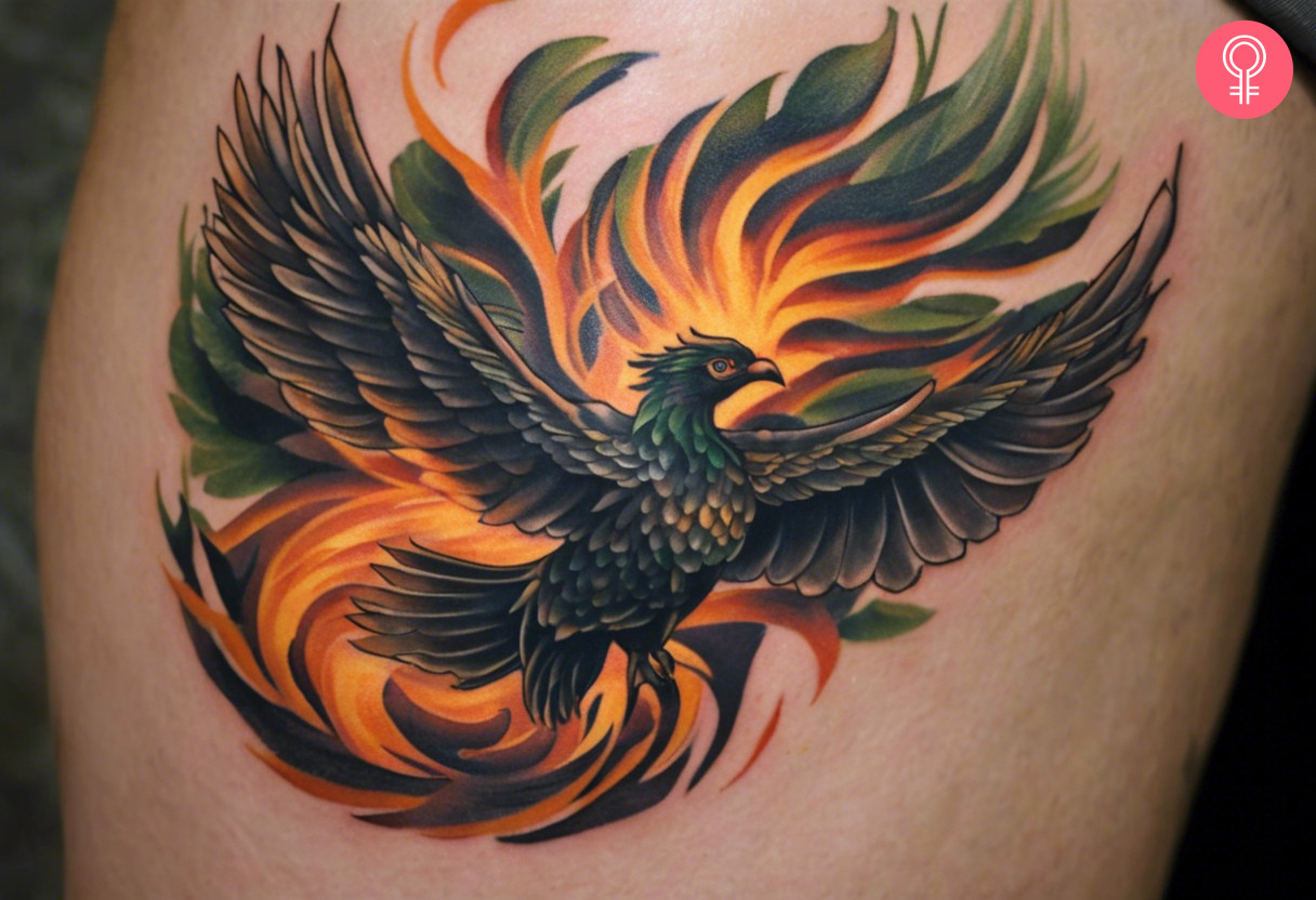 A man wearing a phoenix thigh tattoo