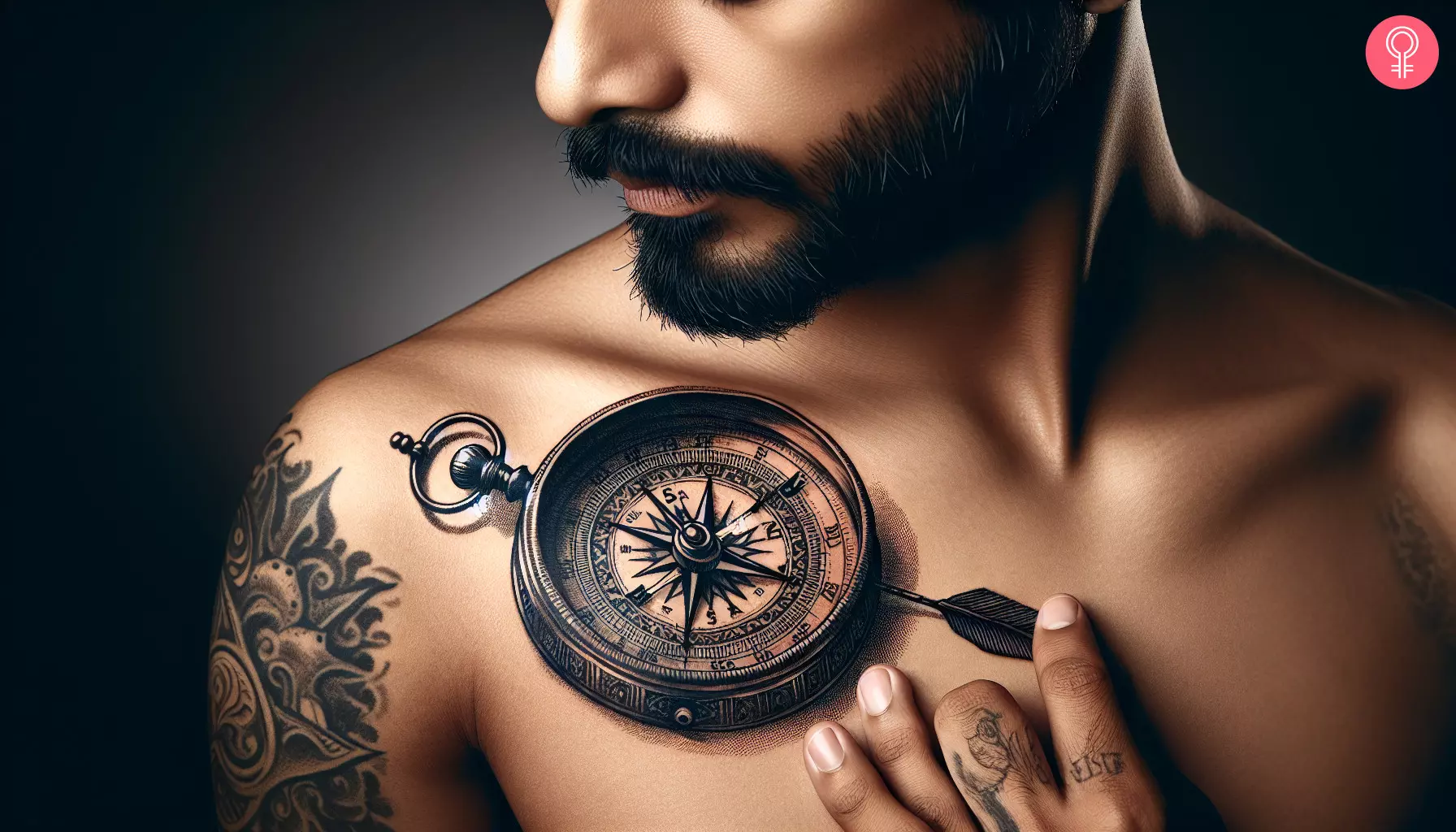 A man with a 3D compass tattoo on the front shoulder
