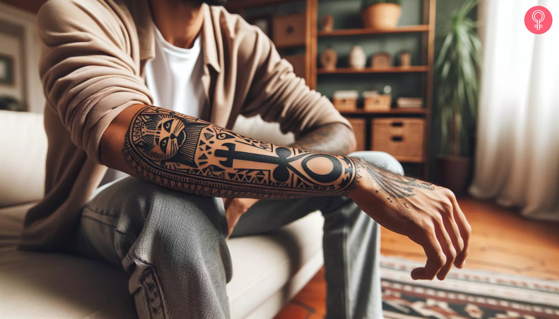 A man with a Bastet and ankh tattoo on the forearm