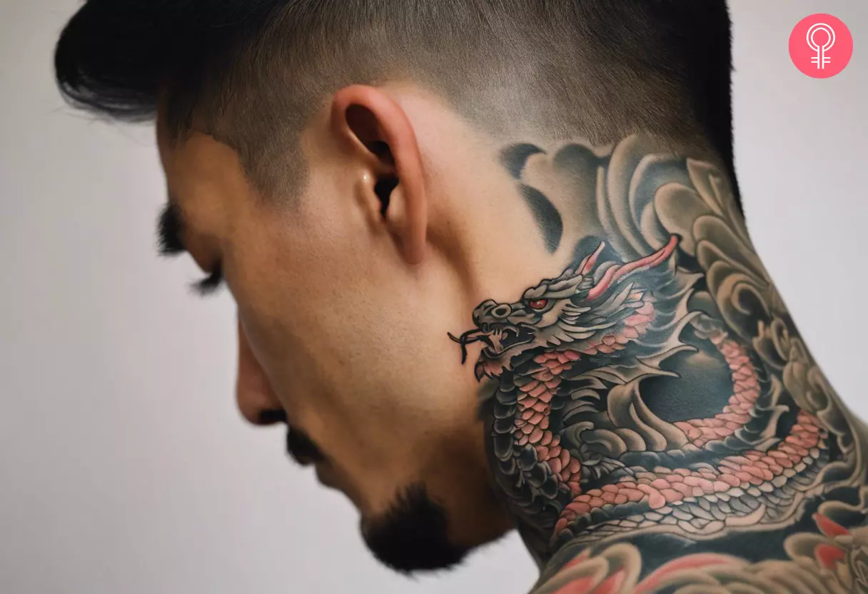 A man with a Japanese dragon neck tattoo