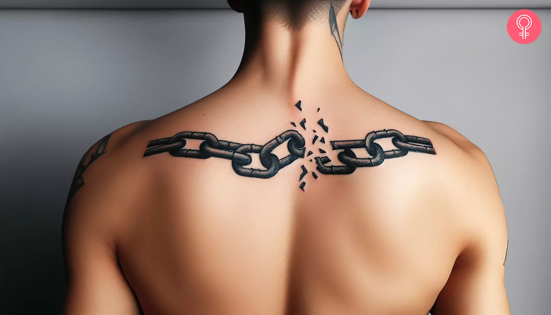 A man with a broken chain freedom tattoo on the upper back