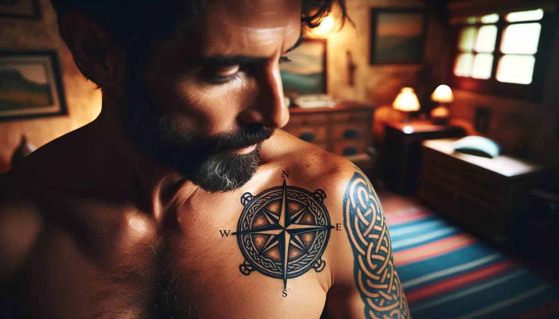 A man with a celtic compass tattoo on the front shoulder