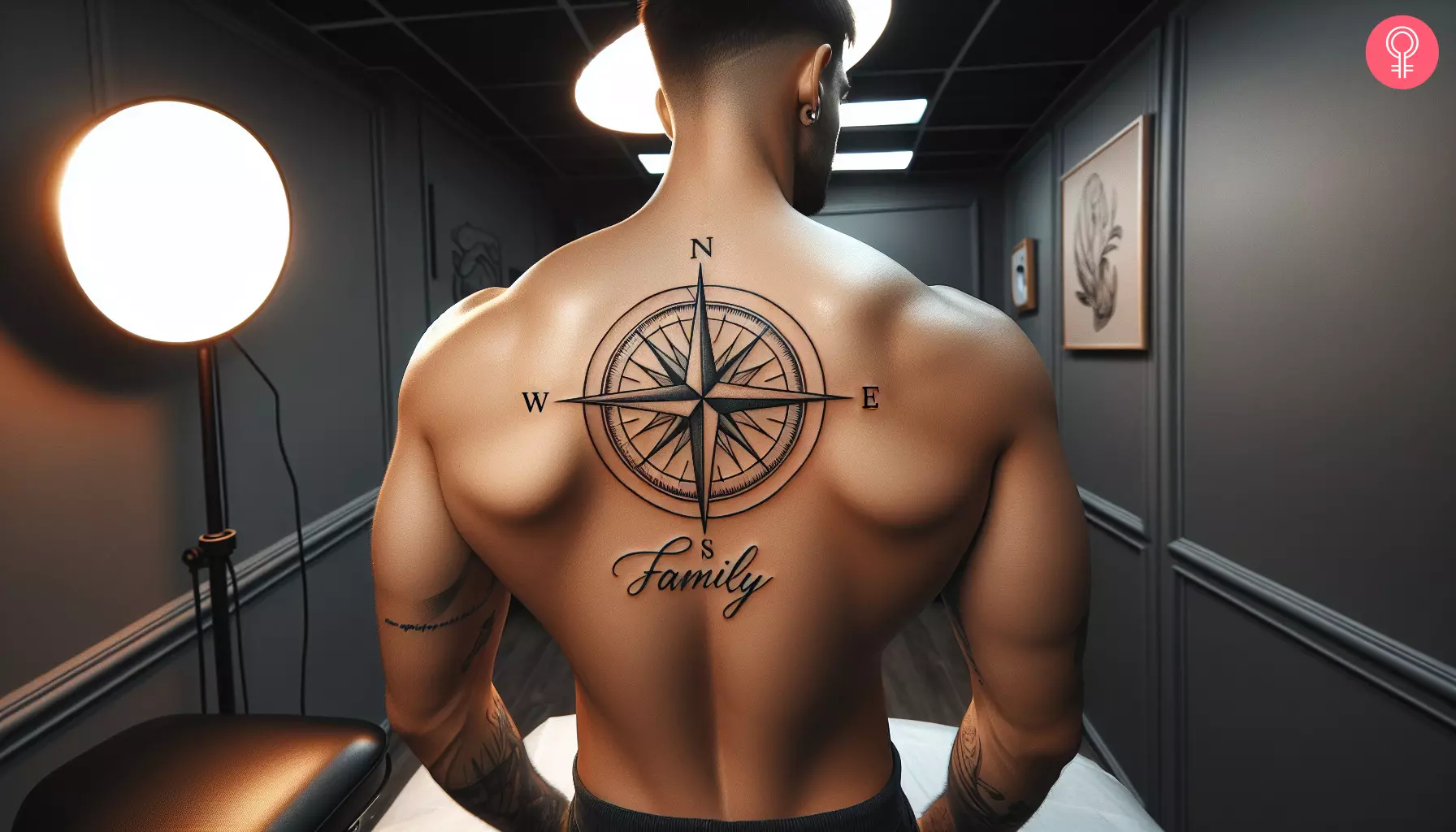 A man with a family compass tattoo on the back