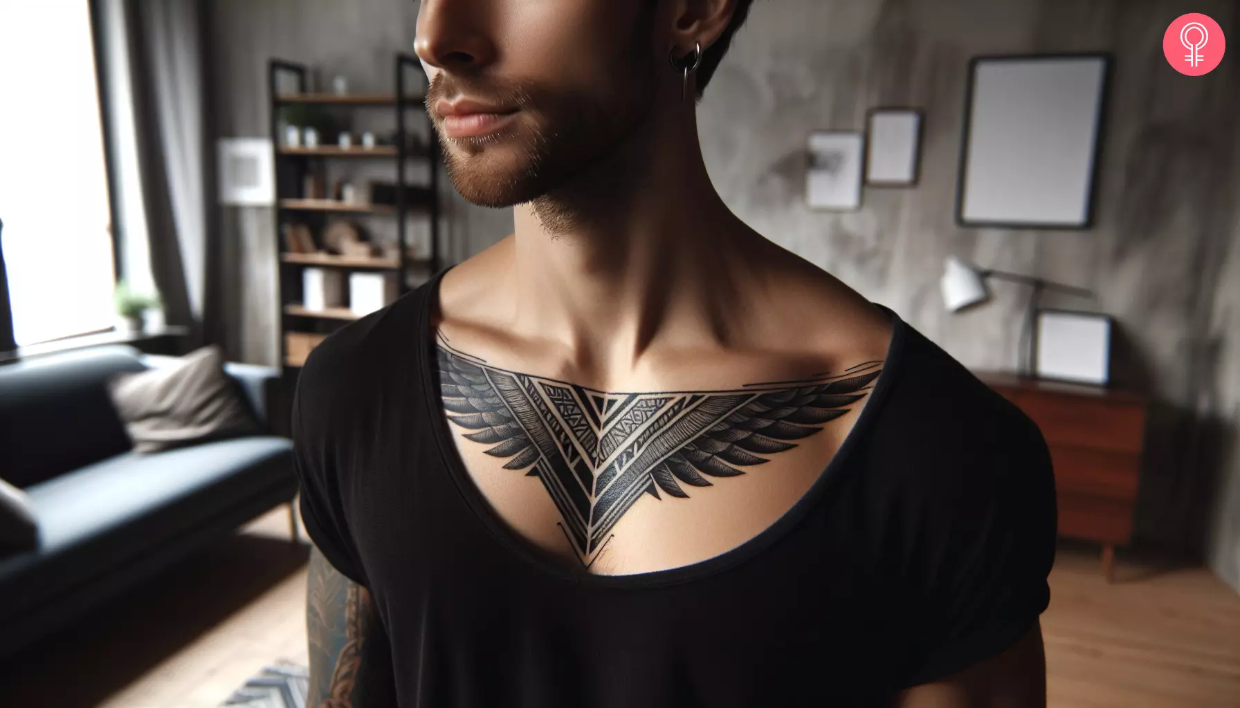 A man with a geometric collarbone tattoo