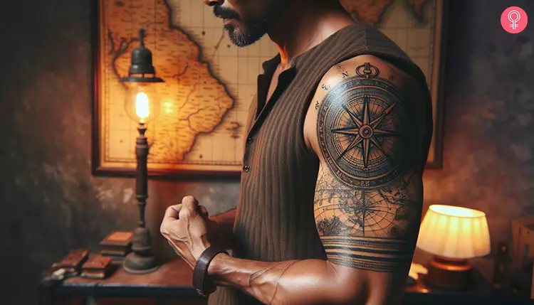 A man with a map and compass tattoo on the upper arm