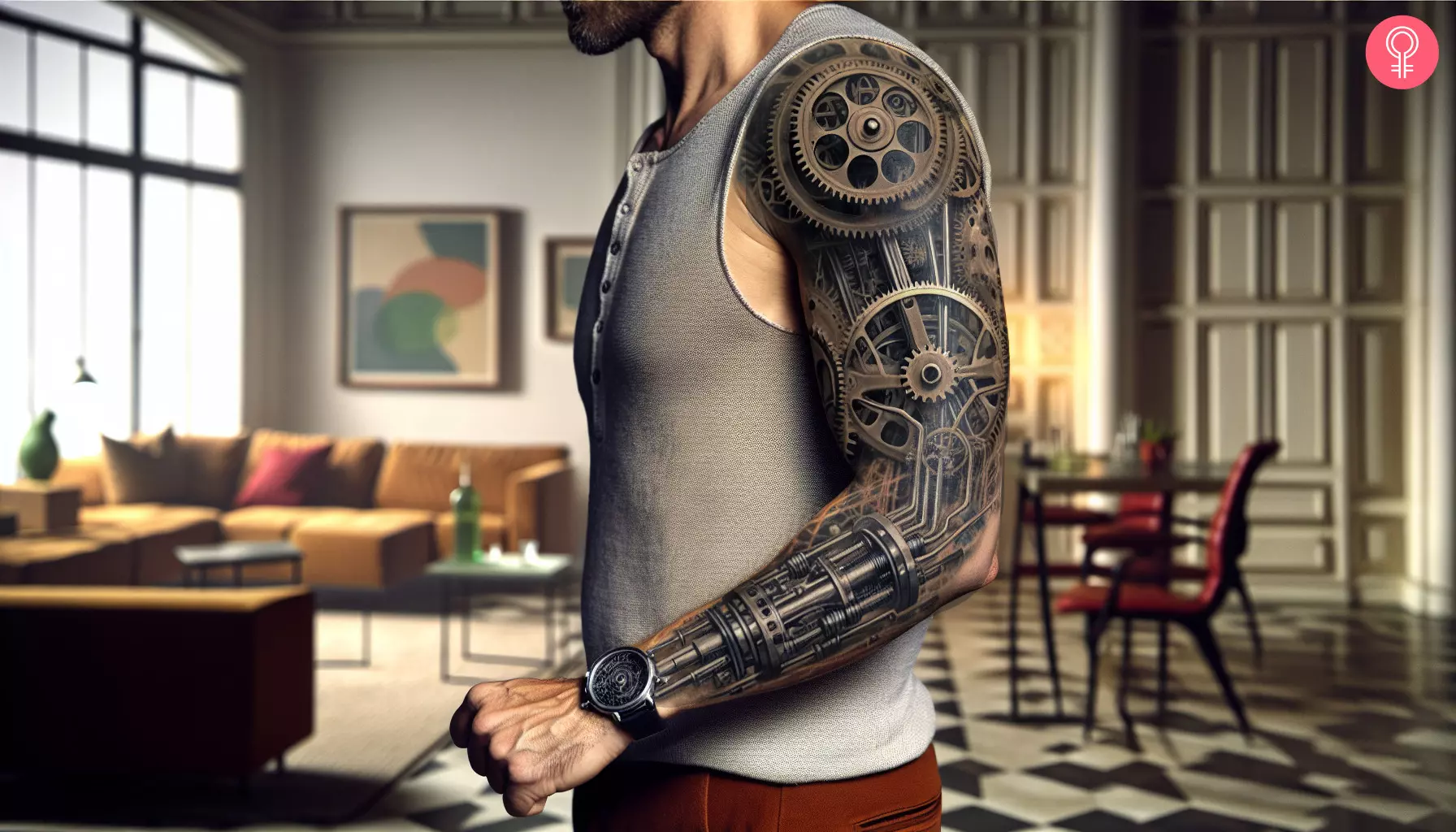 A man with a mechanical arm tattoo