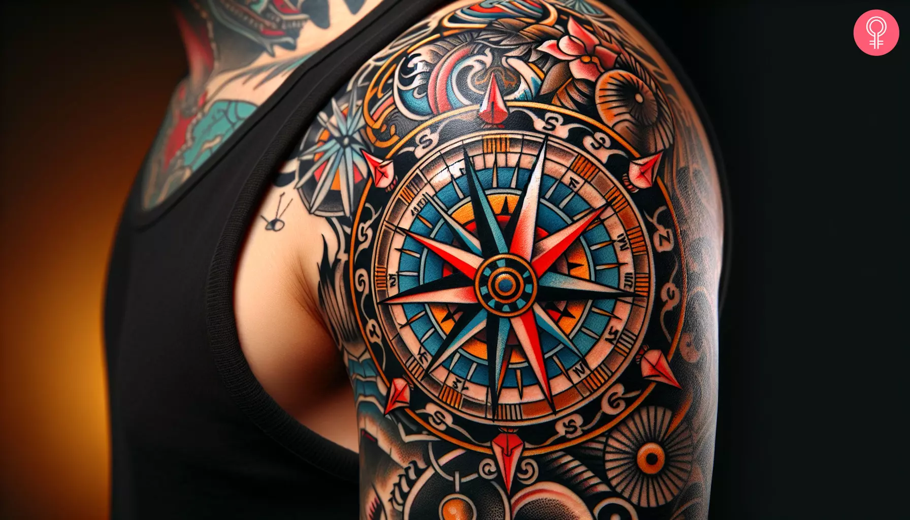 A man with a neo-traditional compass tattoo on the upper arm