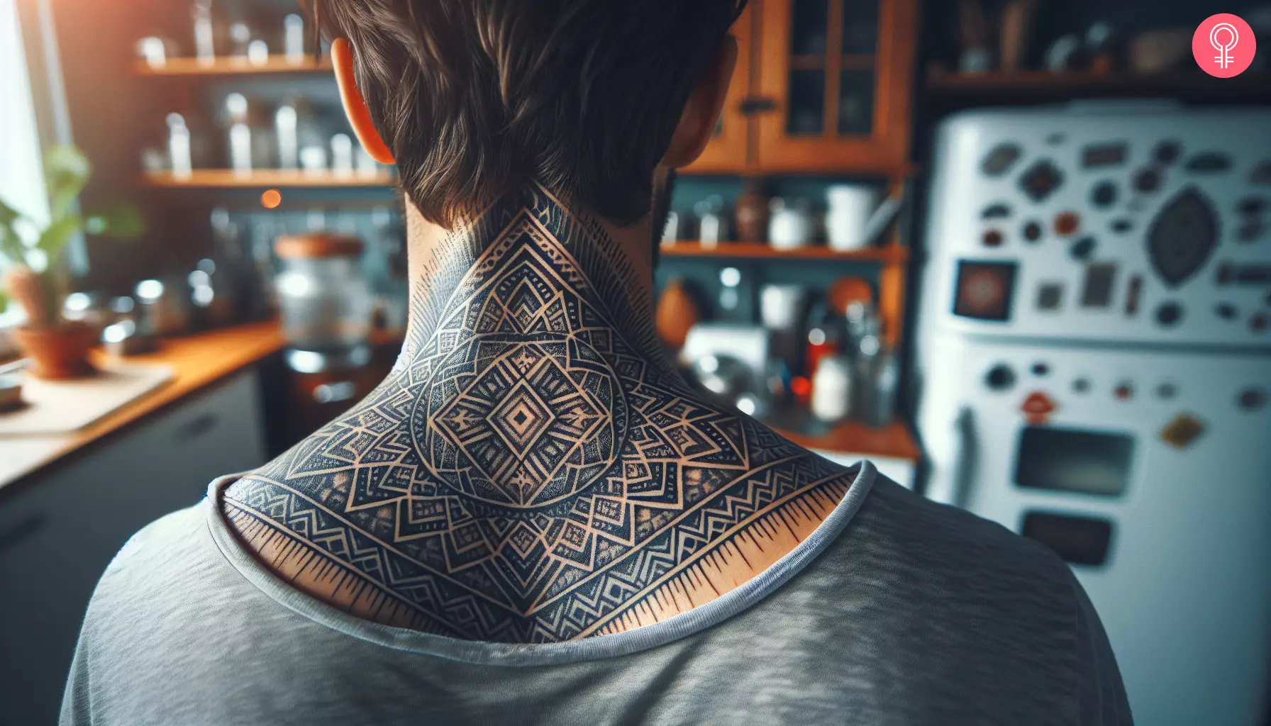 A man with a pattern tattoo on the back of the neck