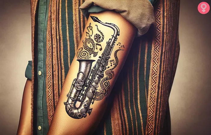 A man with a realistic saxophone tattoo on his arm