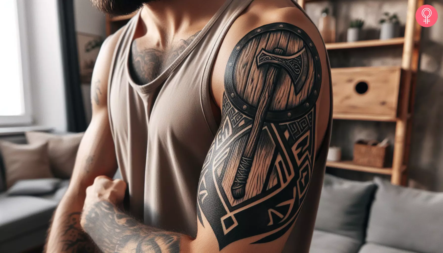 Ein Mann mit einer Tätowierung eines hölzernen Wikingerschilds und einer Axt auf seinem Oberarm