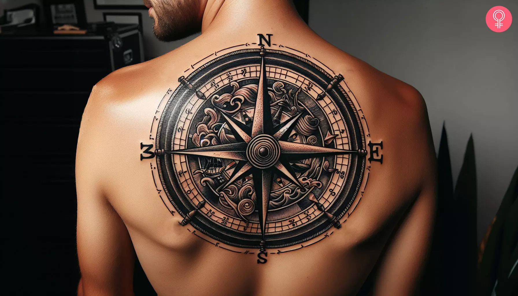 A man with a traditional compass tattoo at the back