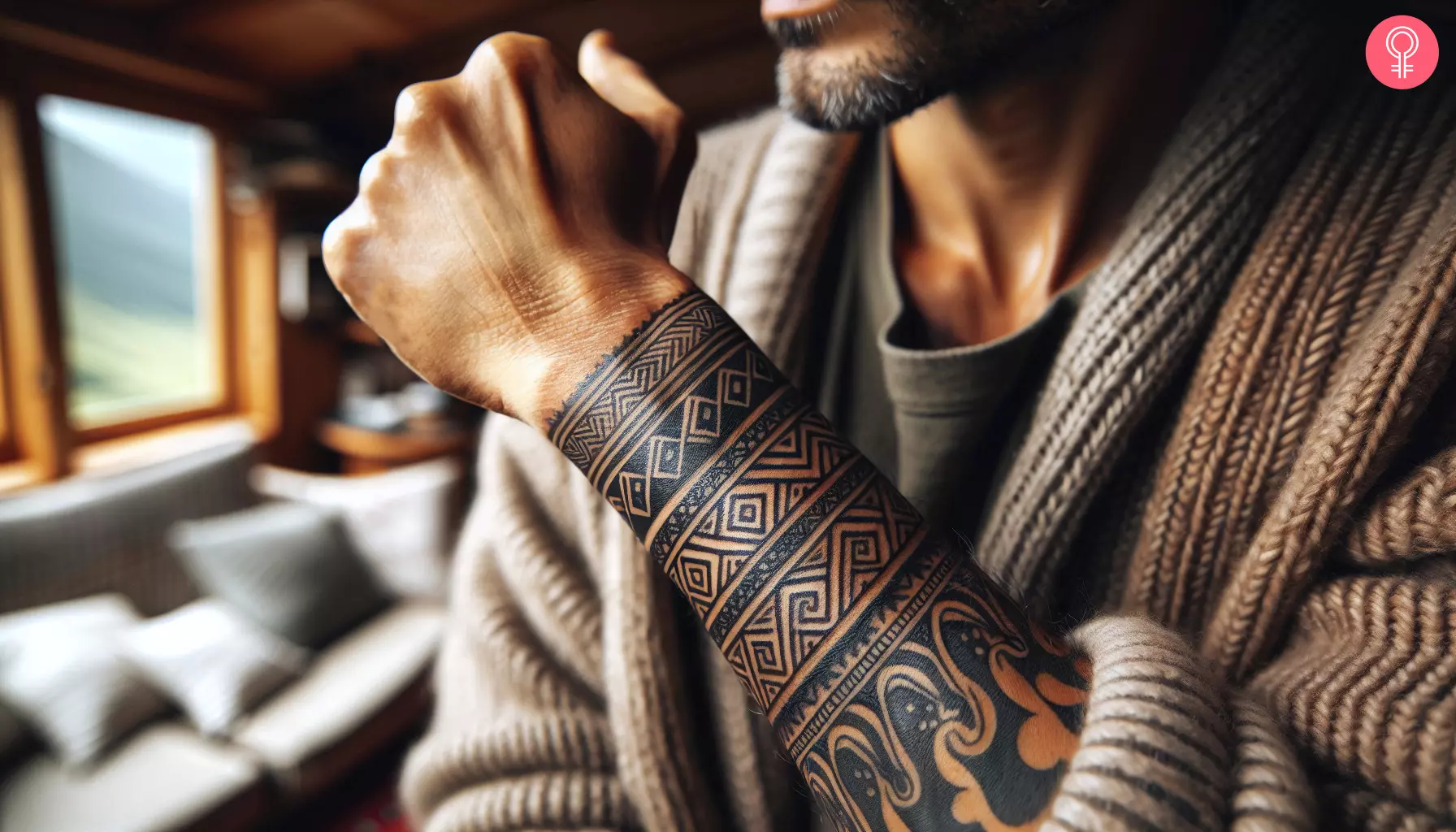 A man with a tribal pattern tattoo on his lower arm