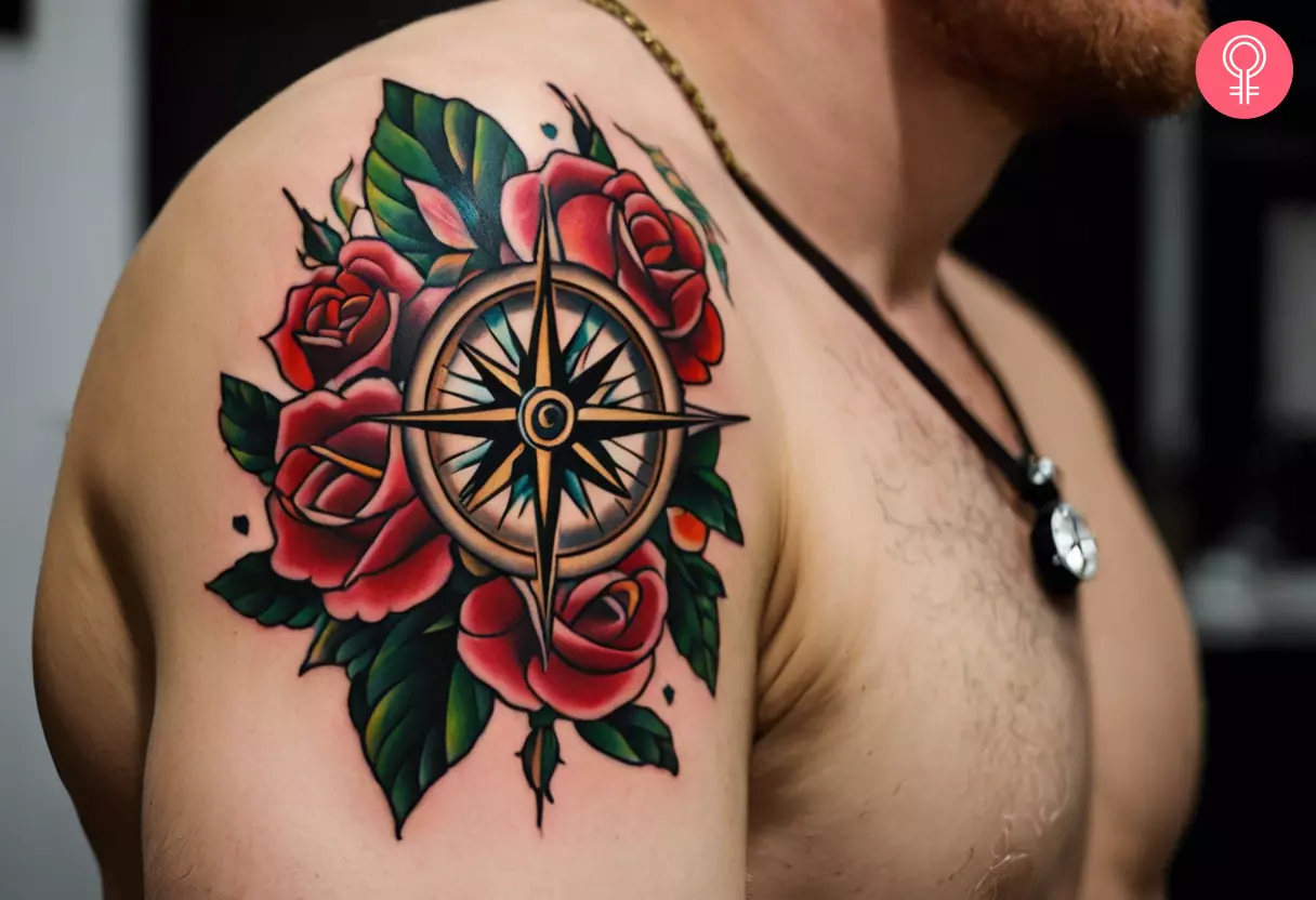 A man with an American traditional compass tattoo on the upper arm