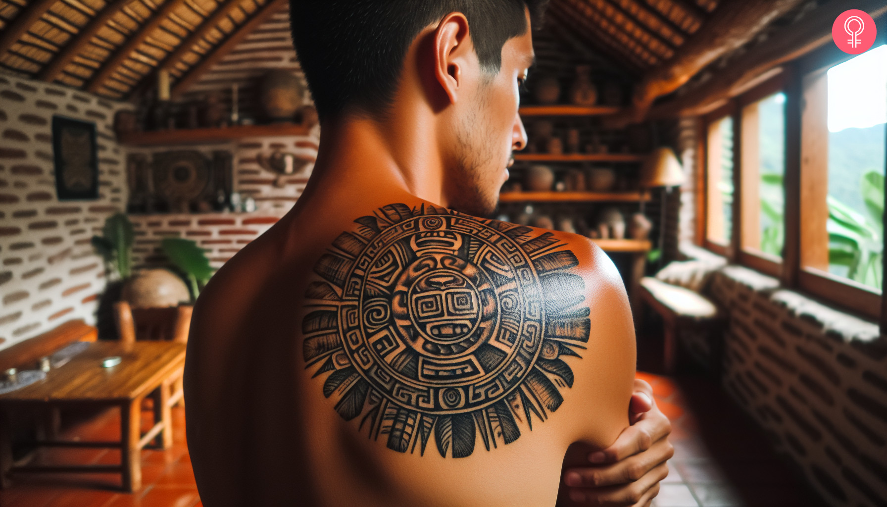 A man with an Aztec shield tattoo on the right shoulder blade