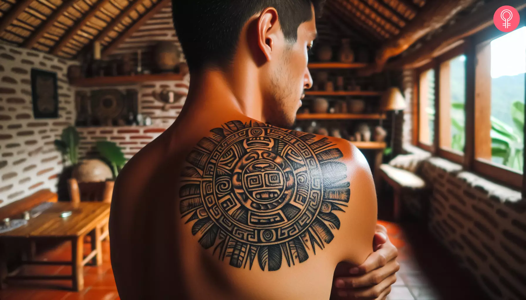 Ein Mann mit einem aztekischen Schildtattoo auf dem rechten Schulterblatt