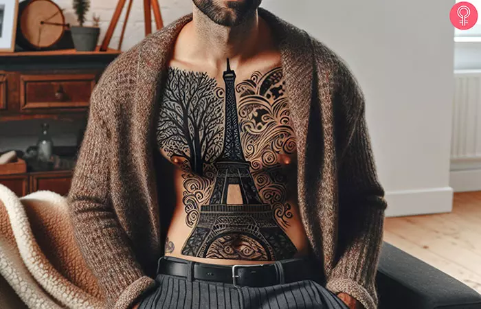 A man with an Eiffel Tower tattoo on his chest