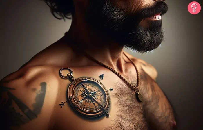 A man with an antique compass tattoo on the front shoulder