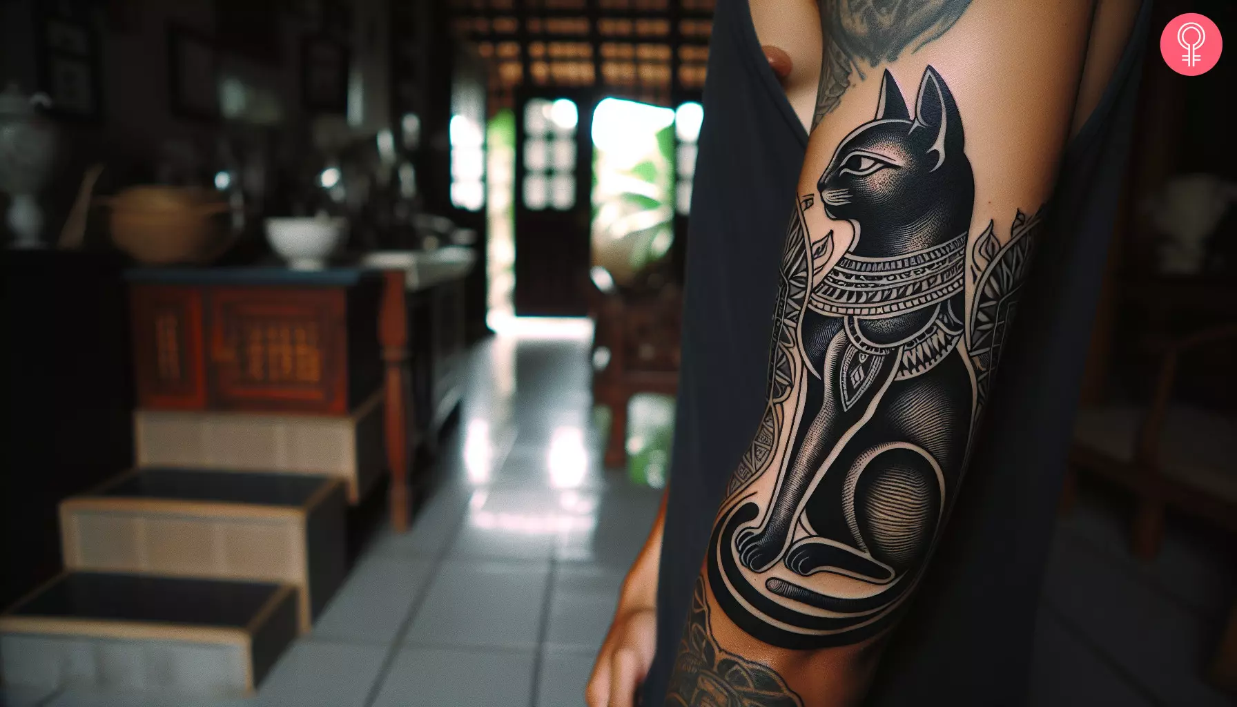 A man with blackwork Bastet tattoo