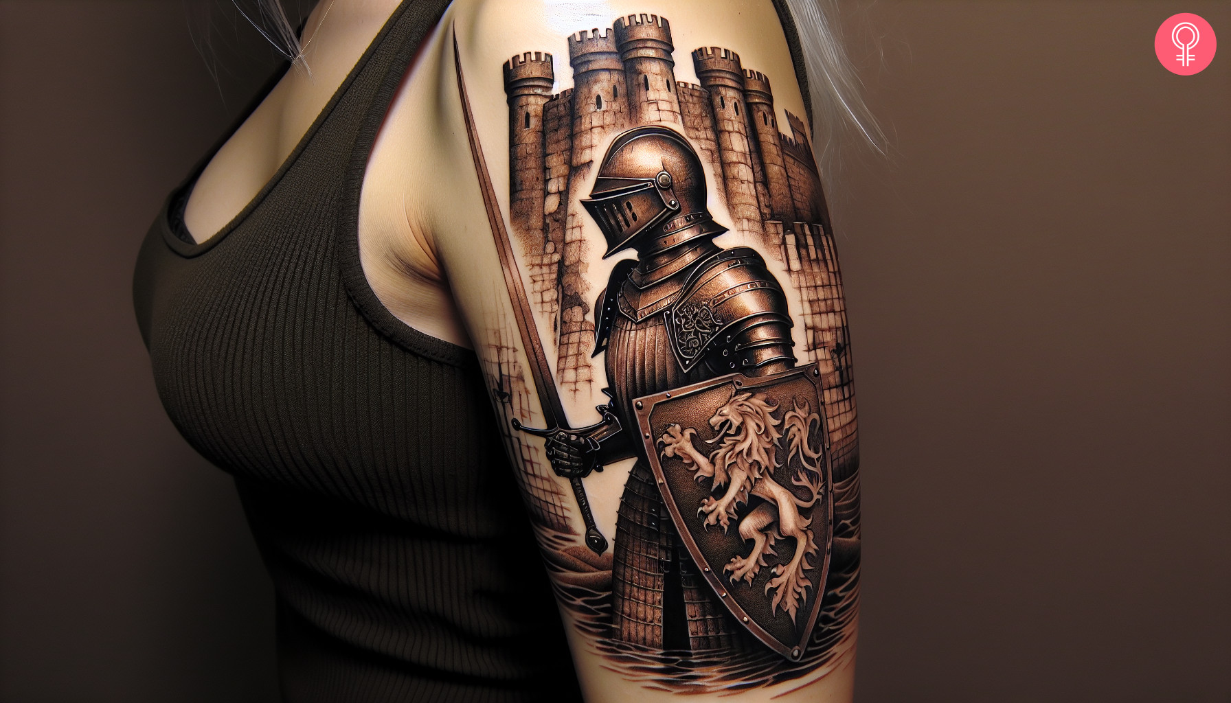 A medieval knight tattoo on a woman’s upper arm