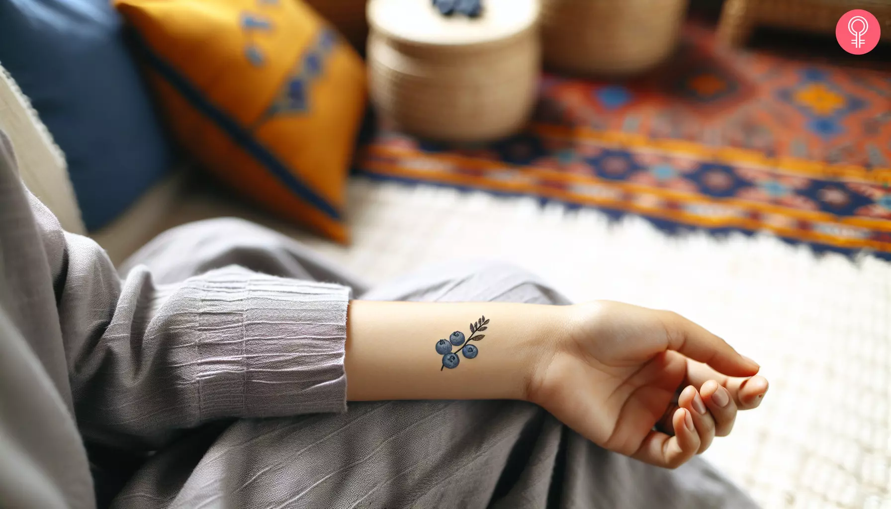 A minimalist blueberry tattoo near the wrist of a woman