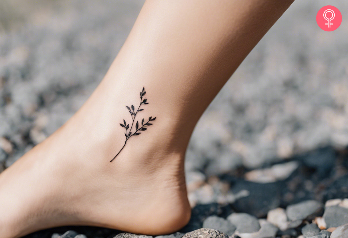 A minimalist botanical tattoo on the ankle