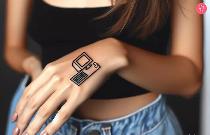 A minimalist computer tattoo on the hand