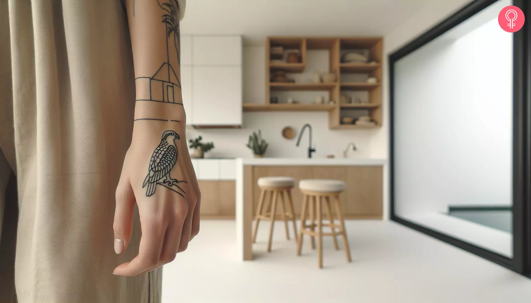 A minimalist osprey tattoo on the back of the hand