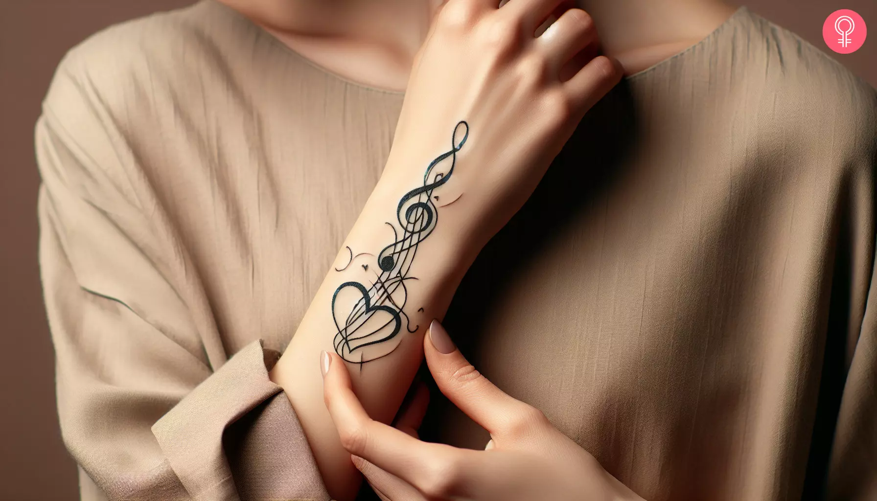 A music note with a heart inked on the forearm