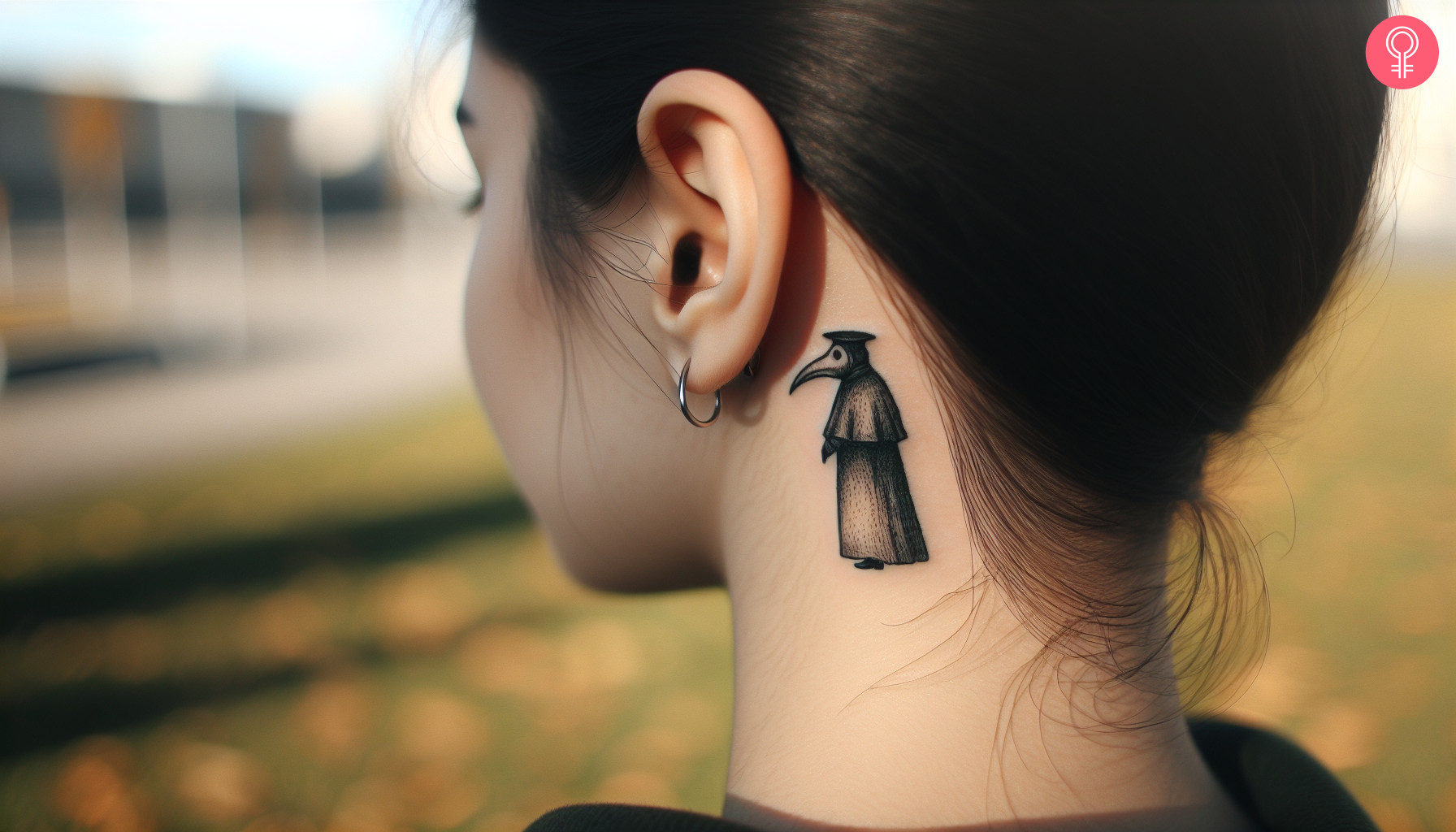 A plague doctor tattoo behind the ear