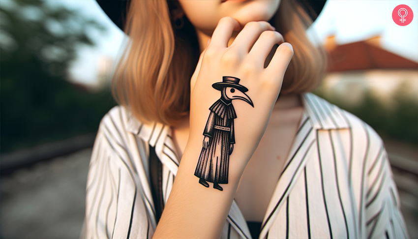 A plague doctor tattoo on the hand