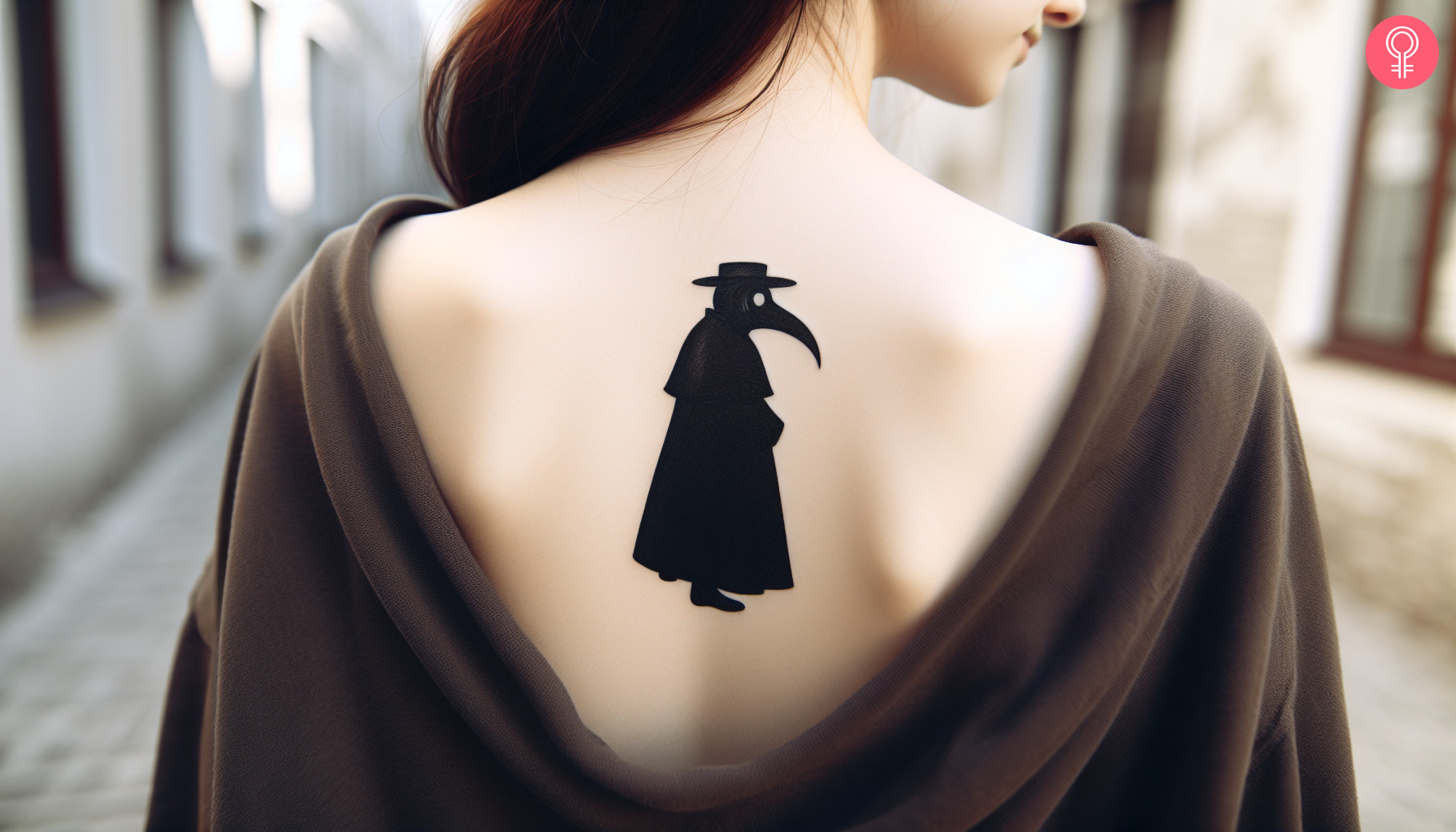 A plague doctor tattoo silhouette on a woman’s back