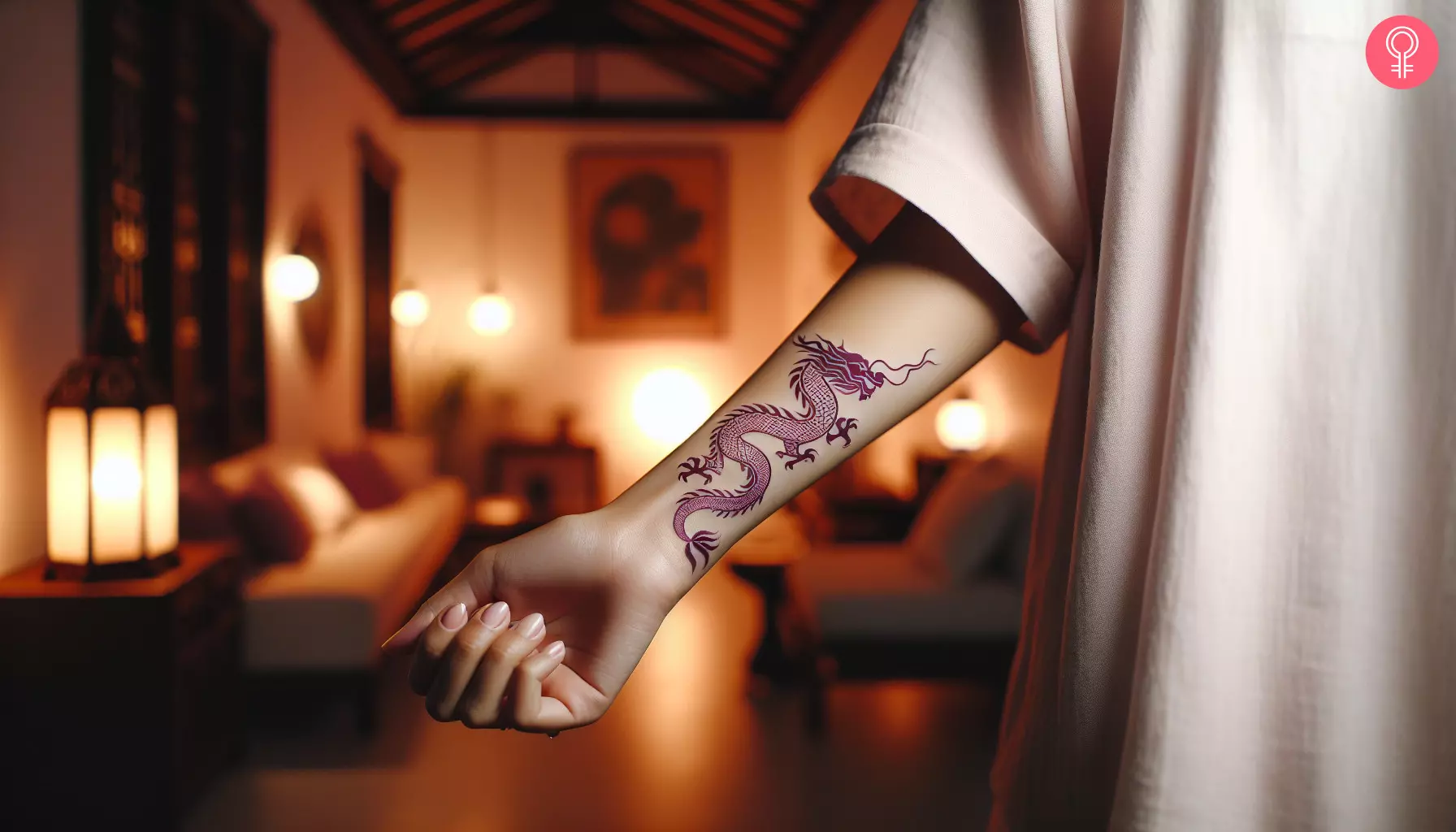 A purple dragon tattoo on the wrist and forearm