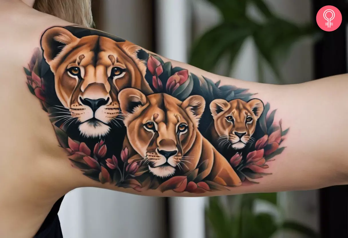 A queen lioness and cubs tattoo on a woman’s upper arm