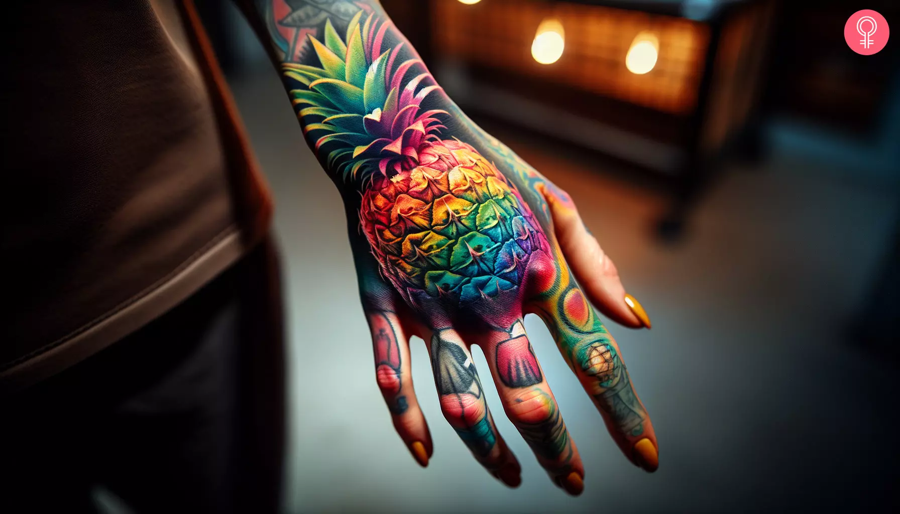 A rainbow pineapple tattoo on a woman's hand