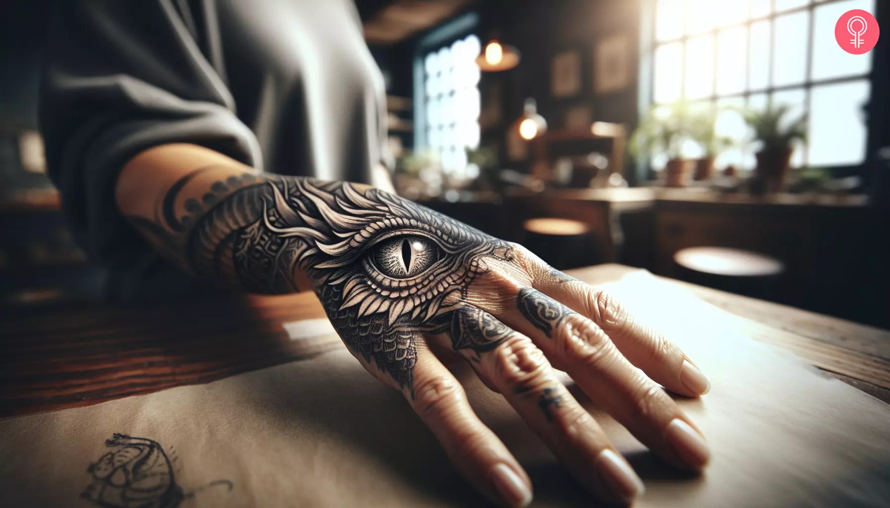 A realistic black and white dragon eye tattoo on the hand