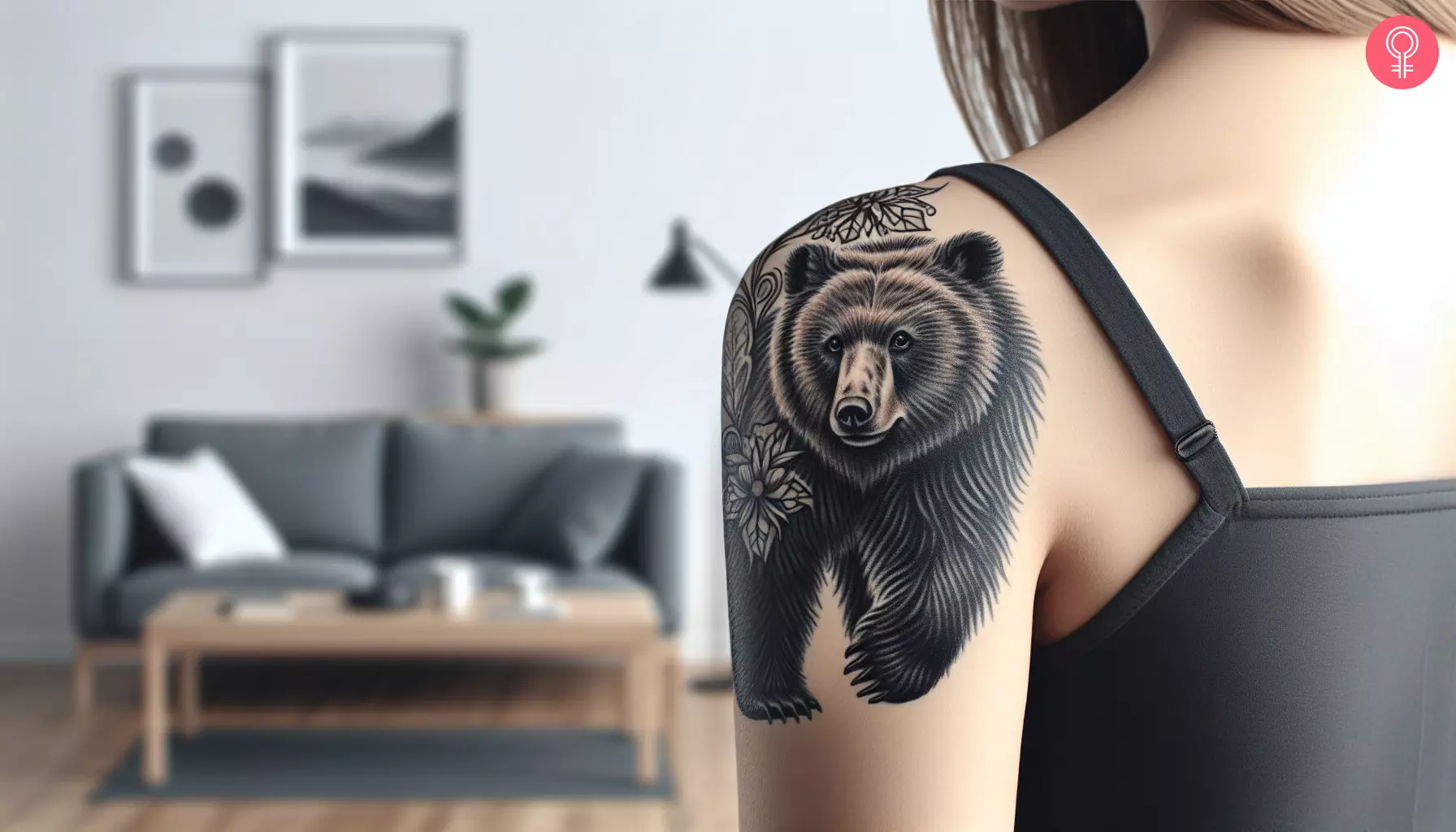 A realistic black bear tattoo on the back of the shoulder