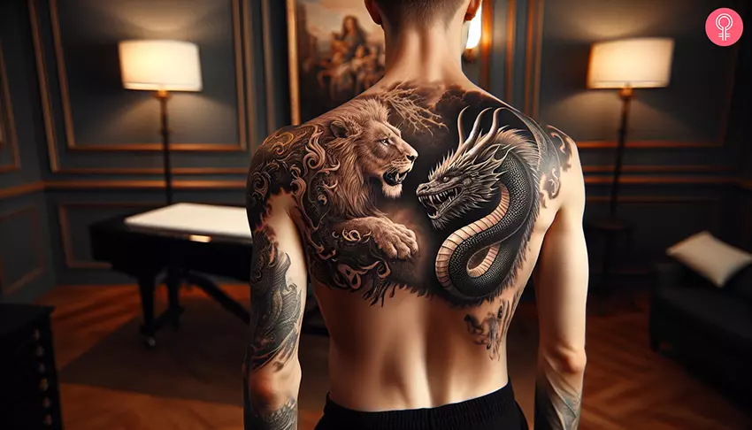 A realistic dragon and lion tattoo on the back