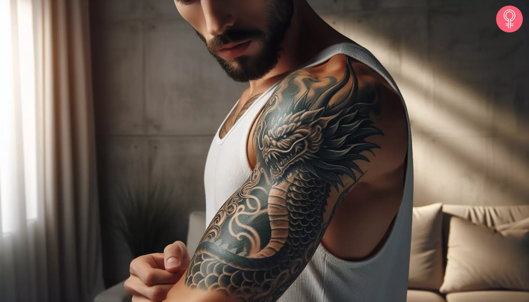 A realistic portrait of a dragon head on the upper arm of a man