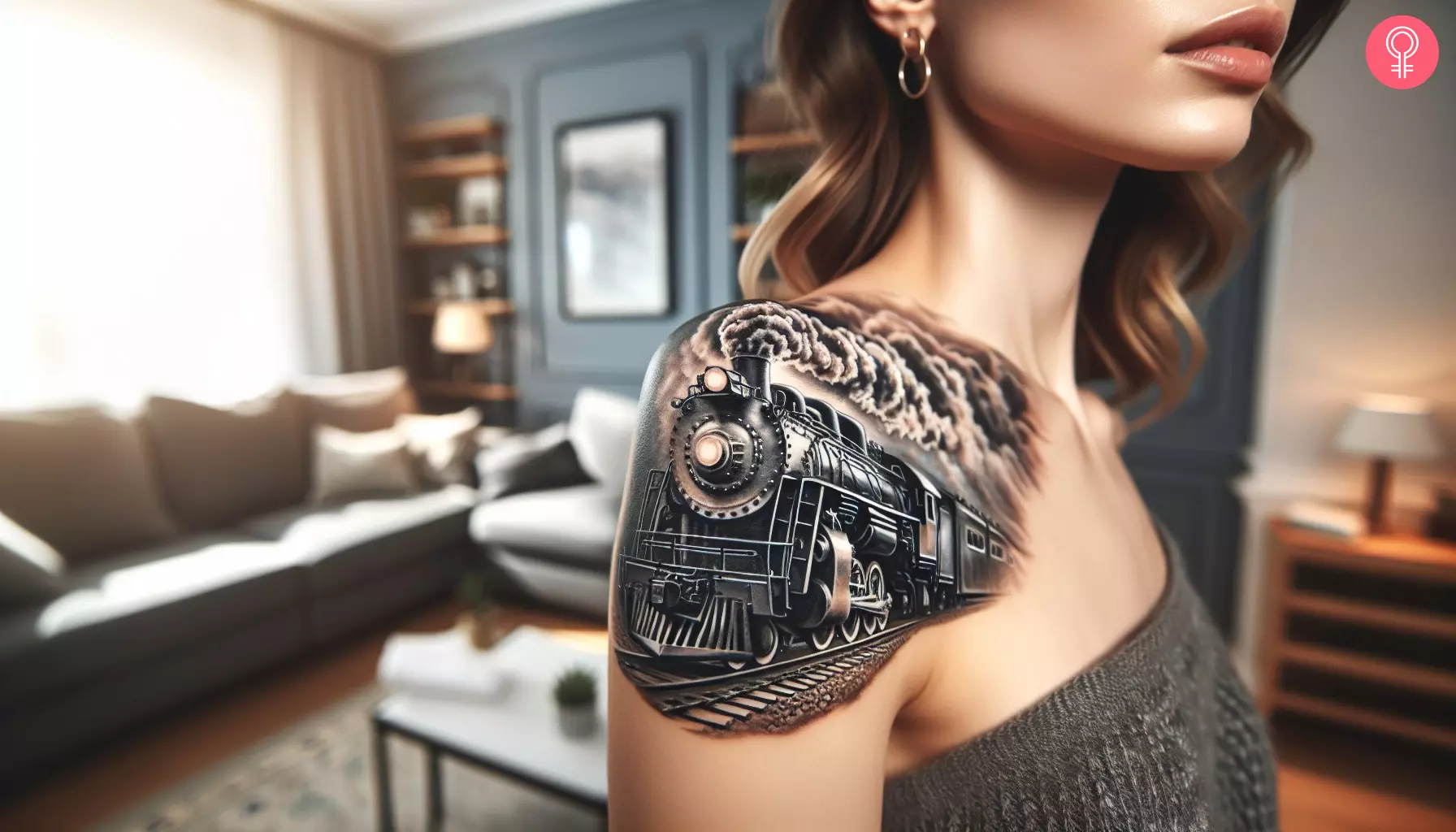 A realistic train tattoo on the shoulder of a woman