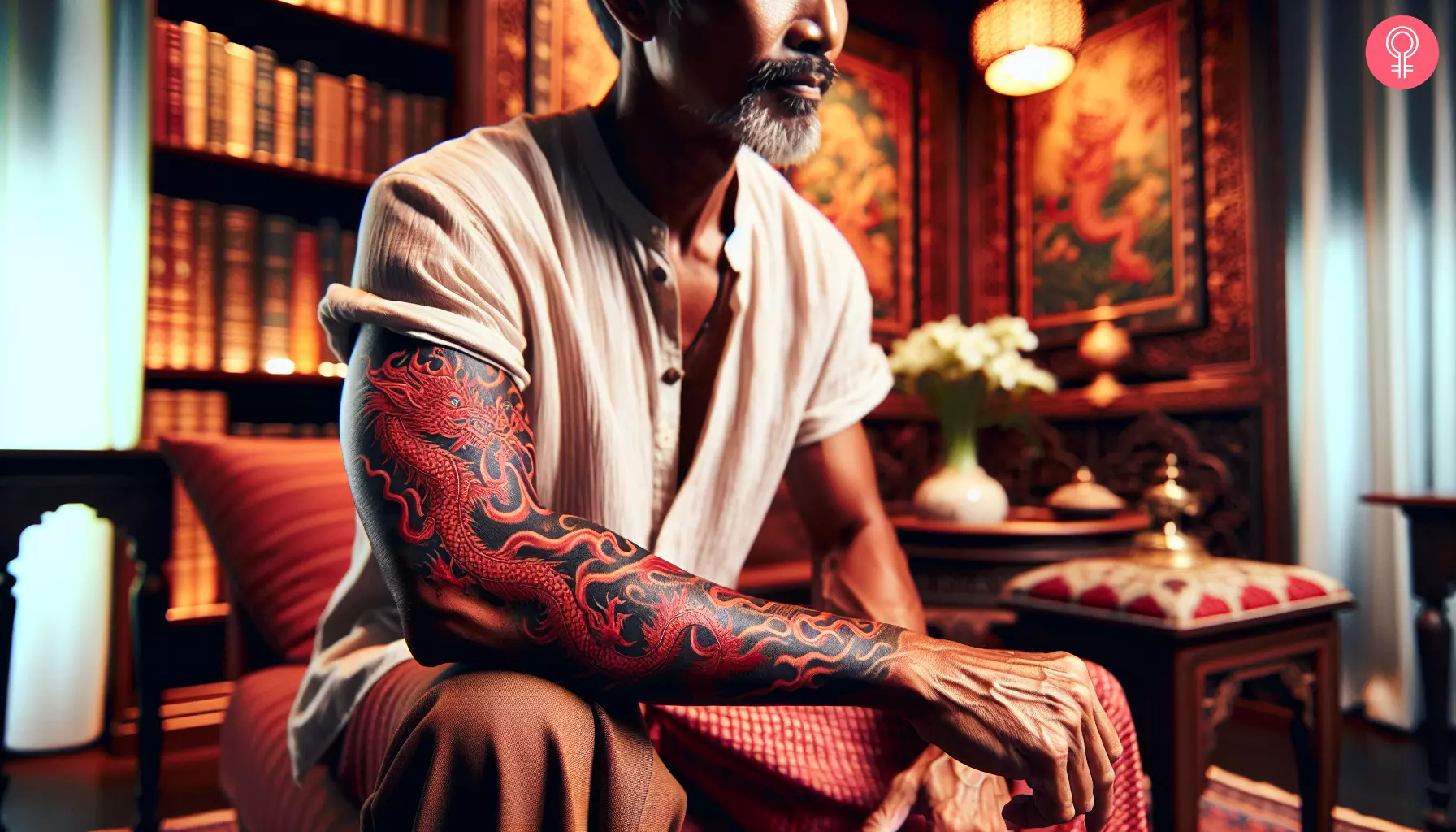 A red and black dragon sleeve tattoo