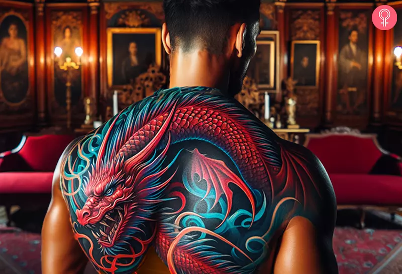 A red and blue dragon tattoo on the back