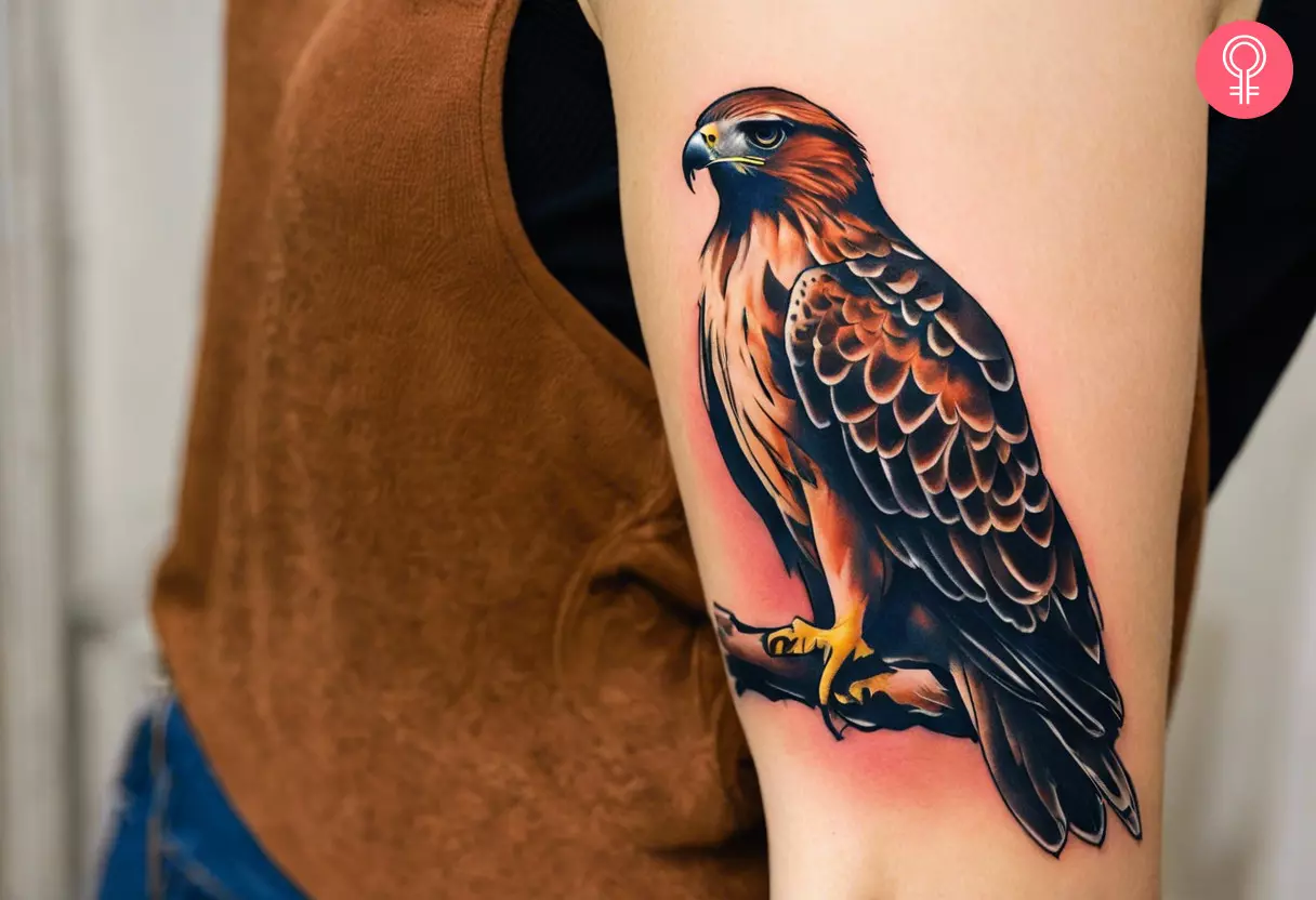 A red-tailed hawk tattoo on the upper arm