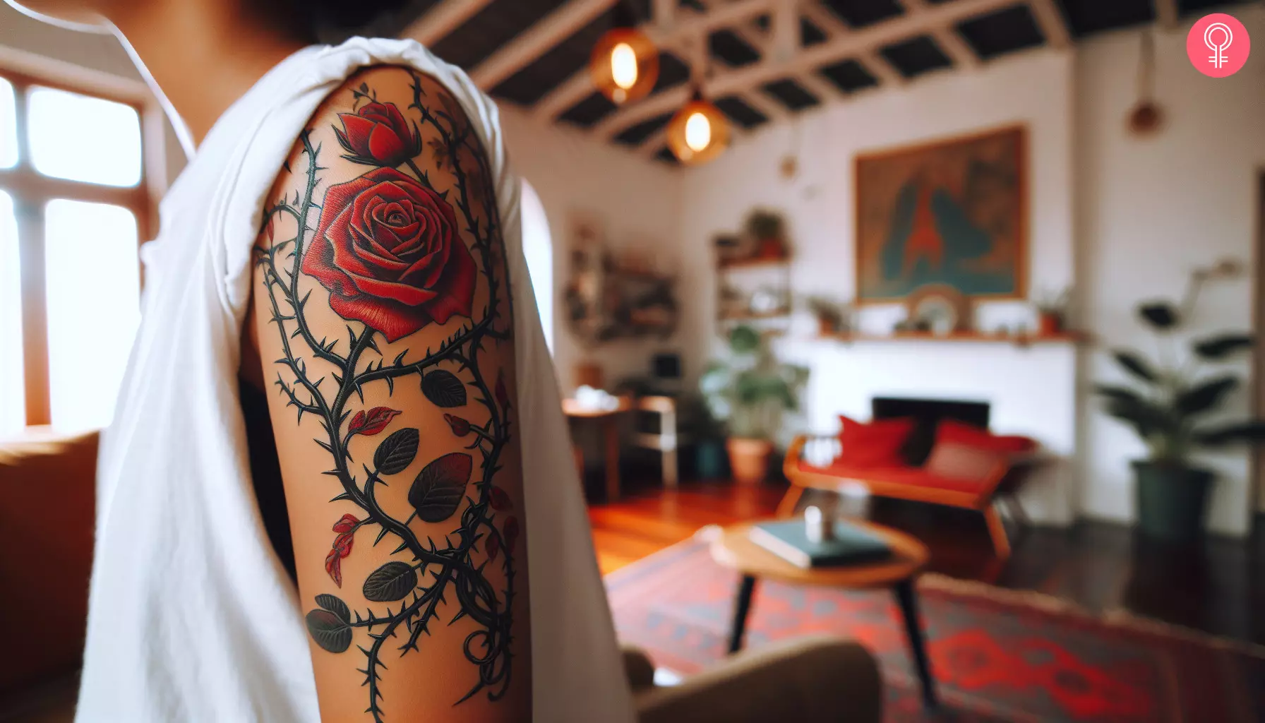 A rose thorn vine tattoo on the upper arm