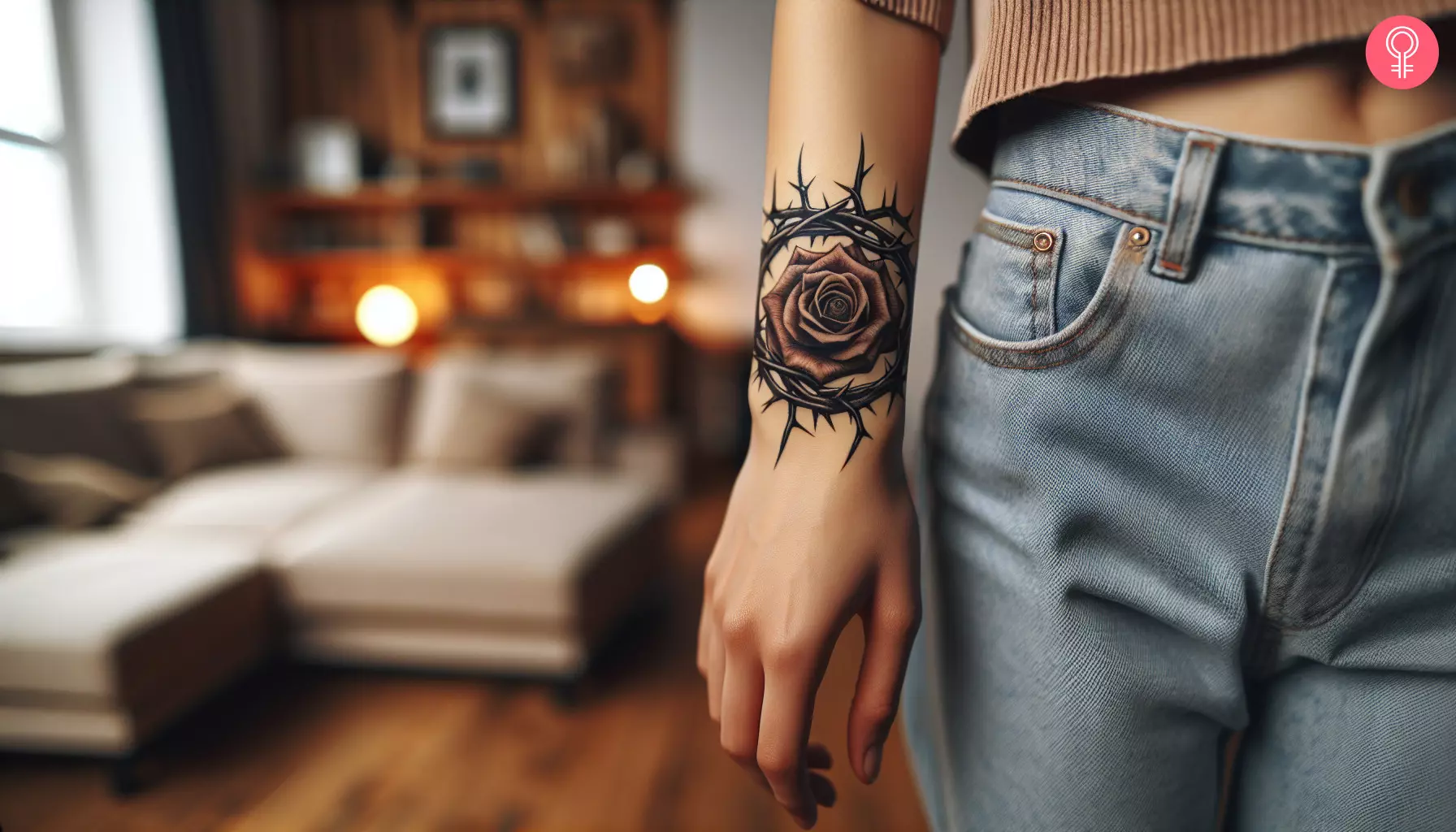 A rose with thorns tattoo design on the wrist