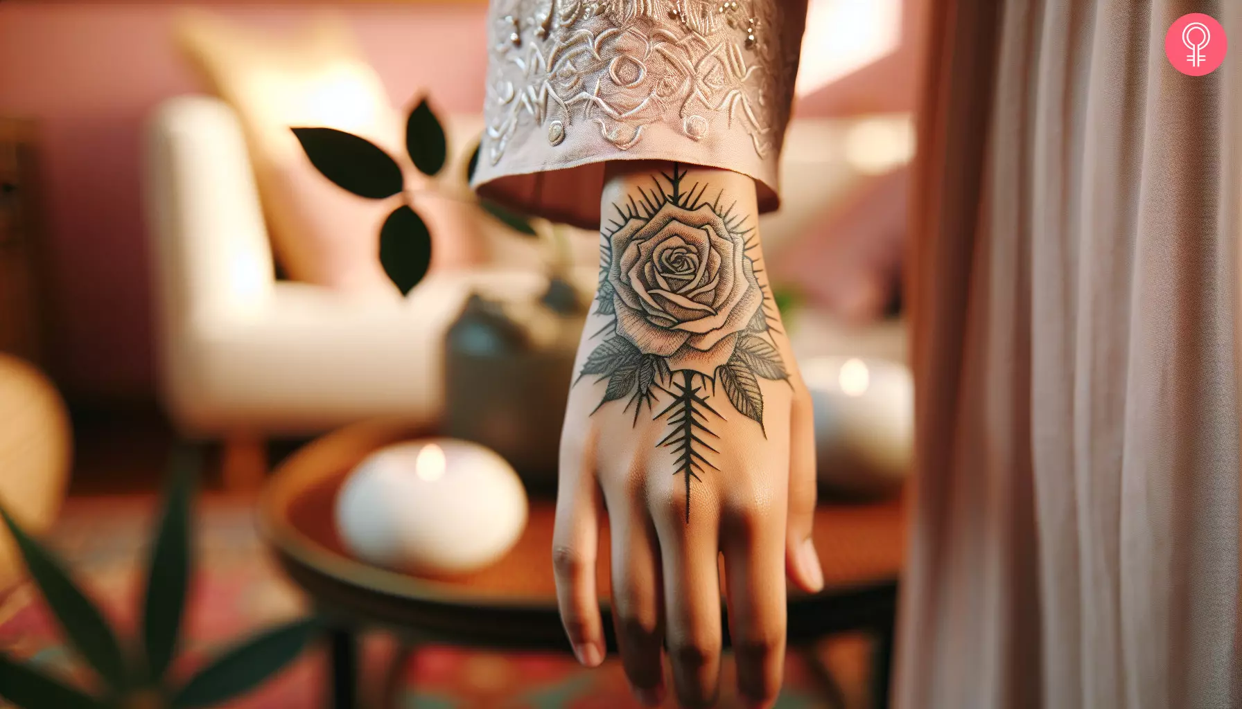 A rose with thorns tattoo on the hand
